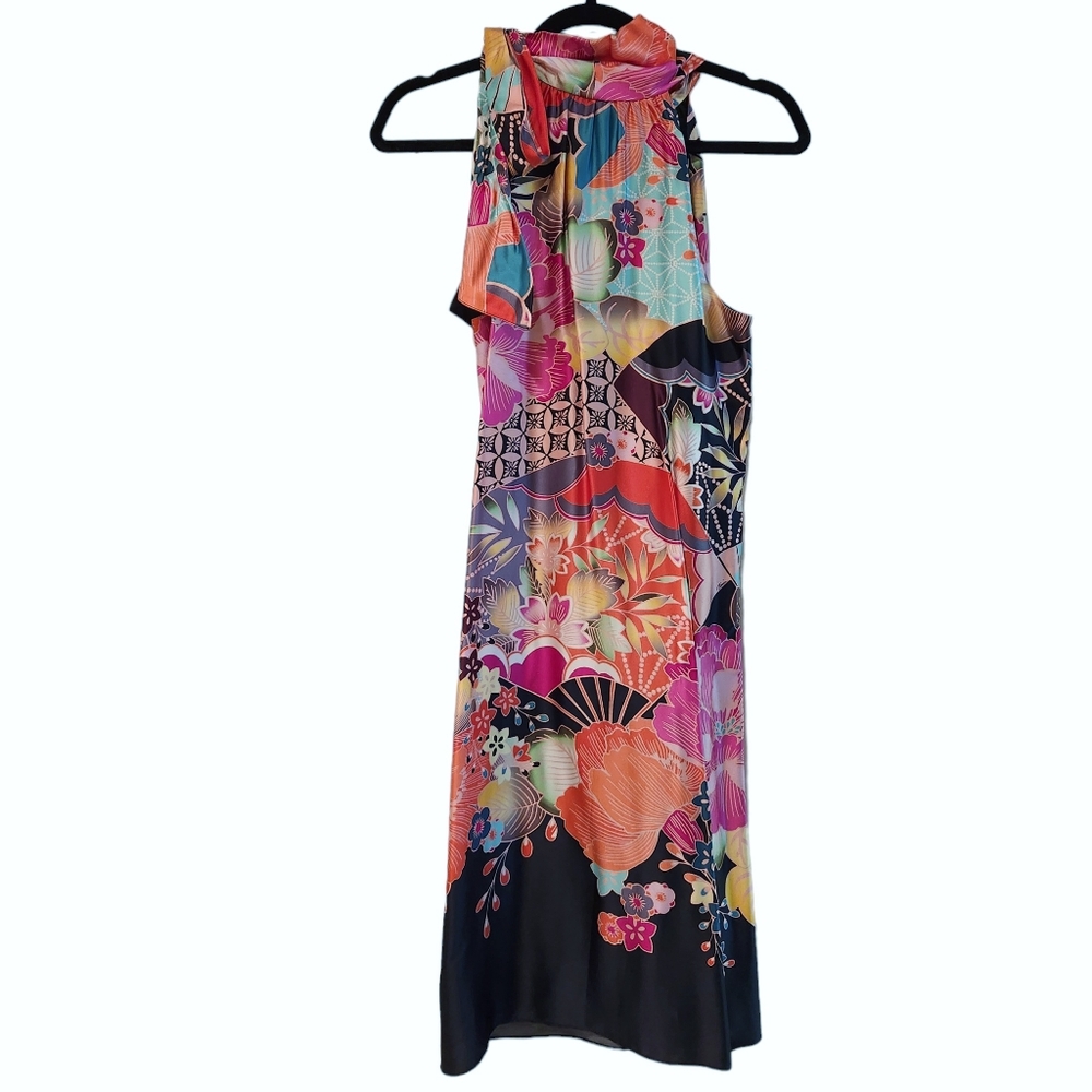 *NWT* Trina Turk 100% Silk Multicolored Tie-Neck Scarf Midi Dress